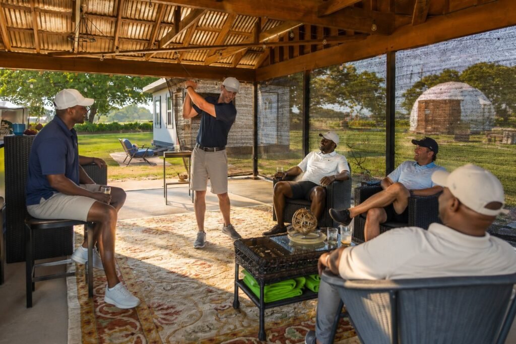 Group gathered on the covered patio