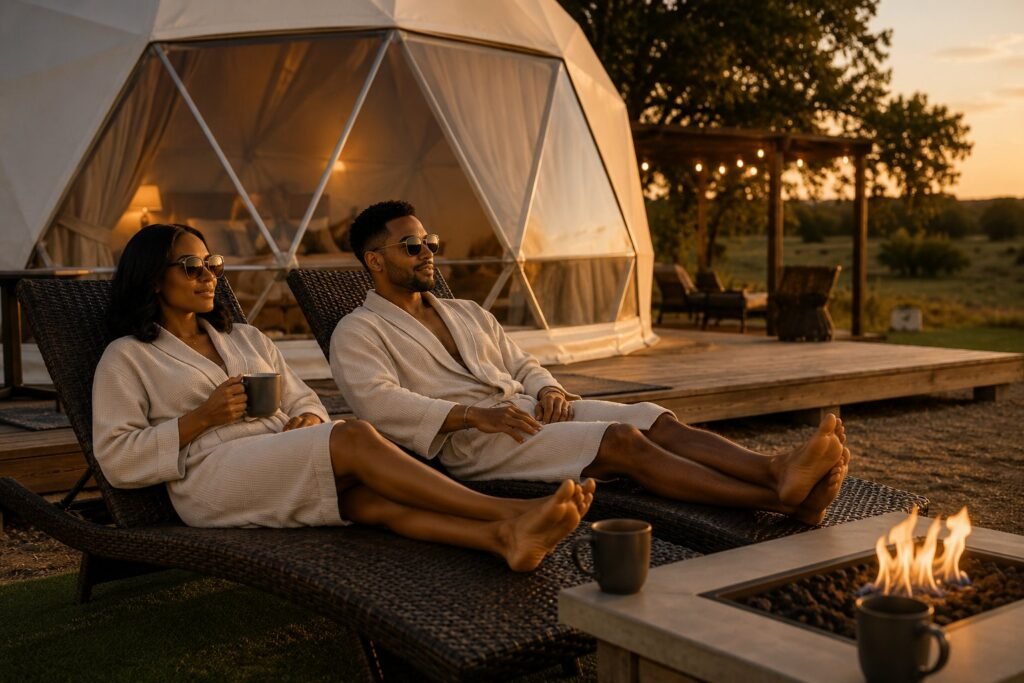 Couple in robes at sunset — Spa Retreat